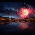 AI generated illustration of the Paris skyline with fireworks over it at night Royalty Free Stock Photo