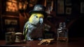 AI generated illustration of a parrot with a hat on the wooden table with a bottle of whiskey