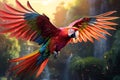 AI generated illustration of a parrot soaring through the sky with its wings fully extended