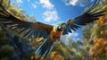 AI generated illustration of a parrot soaring in the sky over a lush landscape of trees