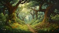 AI generated illustration of a pathway in a green forest Royalty Free Stock Photo