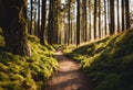 AI generated illustration of a pathway in a green forest on a sunny day Royalty Free Stock Photo