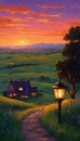 AI generated illustration of a pathway on a green hill against a rural house at sunset Royalty Free Stock Photo
