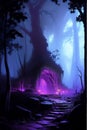 AI generated illustration of a pathway illuminated by torches in lavender light surrounded by forest