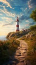 AI generated illustration of a pathway that leads to a lighthouse on a rocky beach shoreline Royalty Free Stock Photo