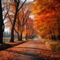 AI generated illustration of a pathway lined with orange and yellow autumnal trees in a park Royalty Free Stock Photo