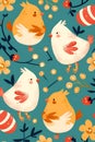 AI generated illustration of pattern with colorful chickens and flowers arranged in various hues