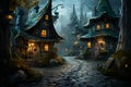 AI generated illustration of a peaceful, enchanting fairy town with cobblestone streets