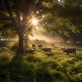 AI generated illustration of a peaceful scene of cows grazing in a lush pasture