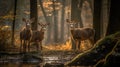 AI generated illustration of a peaceful scene of three deer in a wooded area near a river