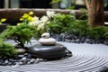 zen stone balanced on a circular rock garden in an oriental environment