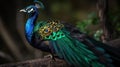 AI generated illustration of a peacock perched atop a branch, gazing off into the horizon Royalty Free Stock Photo