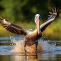 AI-generated illustration of a pelican standing with its wings outstretched