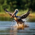 AI-generated illustration of a pelican standing in the water with its wings outstretched
