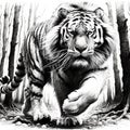 AI generated illustration of a pencil sketch of a tiger in a wooded area