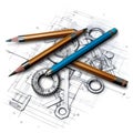 AI generated illustration of pencils with a blueprint of a gear mechanism in the background