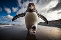 AI generated illustration of a Penguin running across a beach under a blue sky with fluffy clouds
