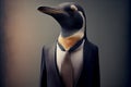 AI generated illustration of a penguin wearing a formal suit and tie, looking serious and focused