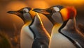 AI generated illustration of penguins standing in a line gazing toward a picturesque sunset