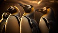 AI generated illustration of penguins standing in a line gazing toward a picturesque sunset