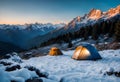 AI generated illustration of people camping in tents in a snowy mountaineous landscape