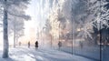 AI generated illustration of people strolling on snowy sidewalks at sunset