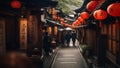 AI-generated illustration of people walking through a narrow street decorated by Asian lanterns