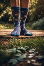 AI-generated illustration of a person in blue socks standing on a wooden surface