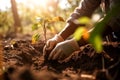 AI generated illustration of a person crouching down and planting a sapling in a large pile of dirt Royalty Free Stock Photo
