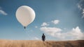 the person in the field is flying a white balloon that has one side pulled open