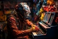 AI generated illustration of a person in a gas mask playing a piano covered with paint powder