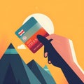 AI generated illustration of a person holding a credit card against a scenic backdrop of a mountains