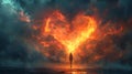 AI generated illustration of a person poses in front of a fiery heart-shaped nebula in space Royalty Free Stock Photo