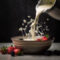 AI generated illustration of A person pouring milk into a bowl of fresh strawberries Royalty Free Stock Photo