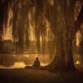 AI generated illustration of a person sitting under a willow near a lake at golden hour