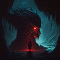 AI generated illustration of a person standing against silhouette of evil head with red eye in cave