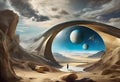 A bridge in the outer space with three planets in the eye of the bridge Royalty Free Stock Photo