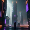 AI generated illustration of a person standing before a futuristic cityscape with a cyberpunk vibe