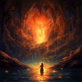 AI generated illustration of a person walking into a dark cave with fire in the background