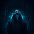 AI generated illustration of a person wearing a black hoodie illuminated by an array of blue lights