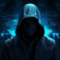 AI generated illustration of a person wearing a black hoodie illuminated by an array of blue lights