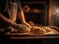 AI generated illustration of a person wearing white gloves placing a loaf of bread in an oven tray