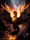 AI generated illustration of a phoenix bird with bright, flaming wings soaring through the air