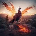 AI generated illustration of a phoenix rising from flames in an apocalyptic setting Royalty Free Stock Photo