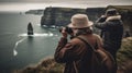 AI generated illustration of Photographers taking pictures at the cliffs and ocean