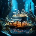 AI generated illustration of a piano surrounded by a mesmerizing mushrooms
