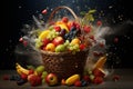 a basket of various fruits being thrown into the air by water