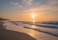 AI generated illustration of a picturesque beach sunset with waves rolling onto the shoreline Royalty Free Stock Photo