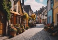 AI generated illustration of a picturesque cobblestone alleyway with terra cotta flowerpots