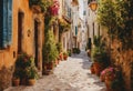 a view of a cobblestone street, with potted plants in front of